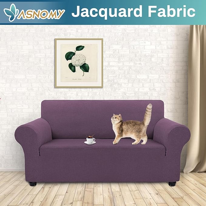 Asnomy Sofa Covers for 2 Cushion Couch Stretch loveseat Covers Slipcovers, Pet Protector Furniture Covers for Dogs Cats Spandex Jacquard Fabric Small Checks （Medium，Gray Purple）