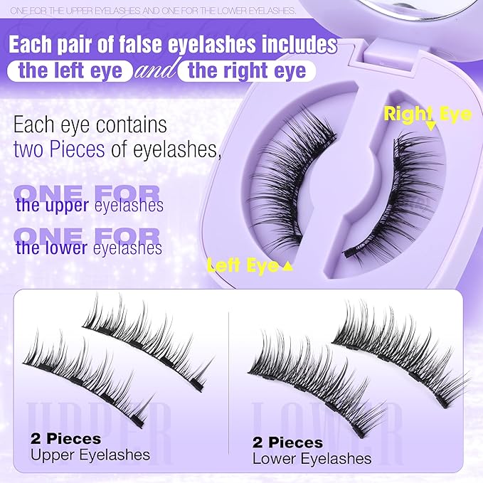 Lanflower Magnetic Eyelashes with Applicator, Mangetic Eyelashes Natural Look, Wispy Magnetic Lashes, No Glue Needed Magnetic Eyelashes, Strong Hold, Reusable, Waterproof, Cat Eye, No Irritation