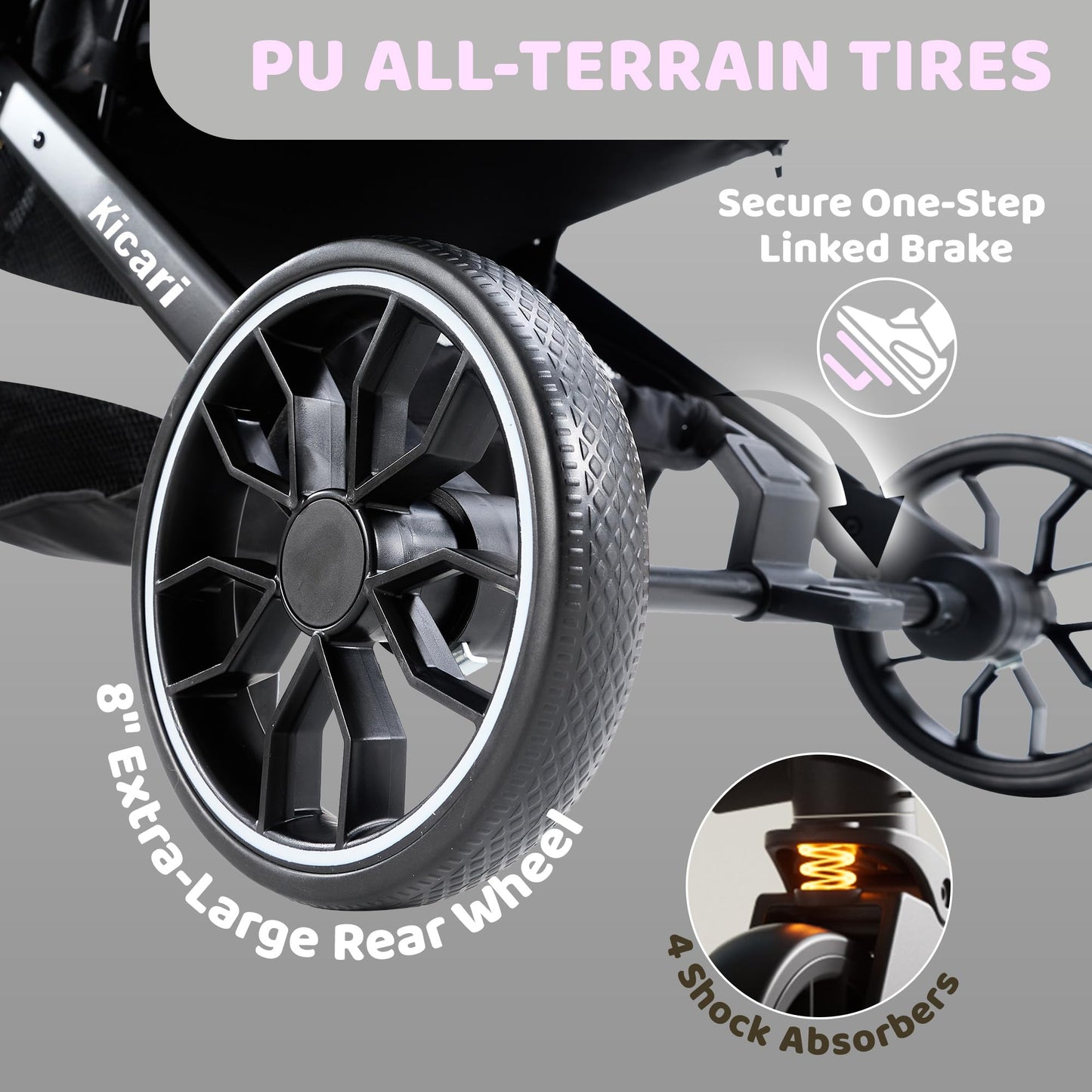Kicari All-Terrain Dog Stroller for Small to Medium Dogs, Pet Stroller for Dogs & Cats Outdoor Walks, One-Hand Easy Fold, Double-Layer Anti-UV & Waterproof Canopy & Breathable Mesh, Charcoal Gray