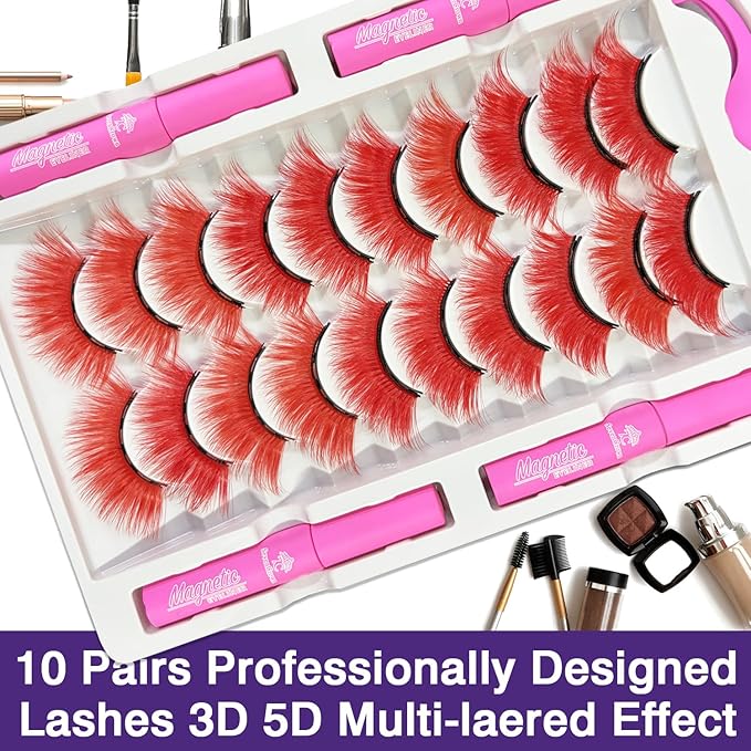 Color Magnetic Eyelashes Colored Eyelashes for Halloween Party Cosplay Makeup Kit,10 Pairs Magnetic Cat Eye Lashes with Eyeliner, Full Volume Red Look 18-23MM Fake Eyelash Cruelty-Free