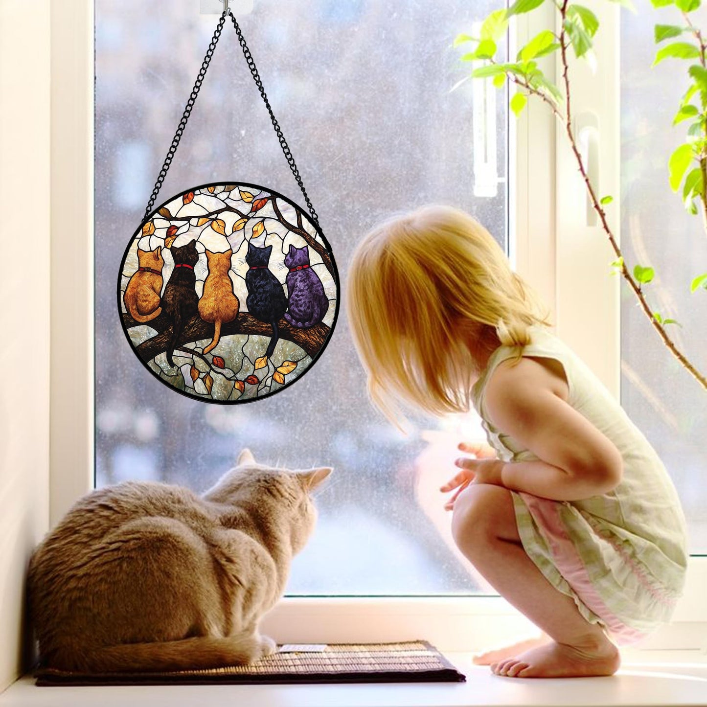 DASTOLL Stained Glass Window Hanging - 5 Cats on a Branch Suncatcher for Window Doors Home Decoration and Christmas, Mother's Day Father's Day Birthday Gifts for Women, Men, and Mom 6.3x6.3 in