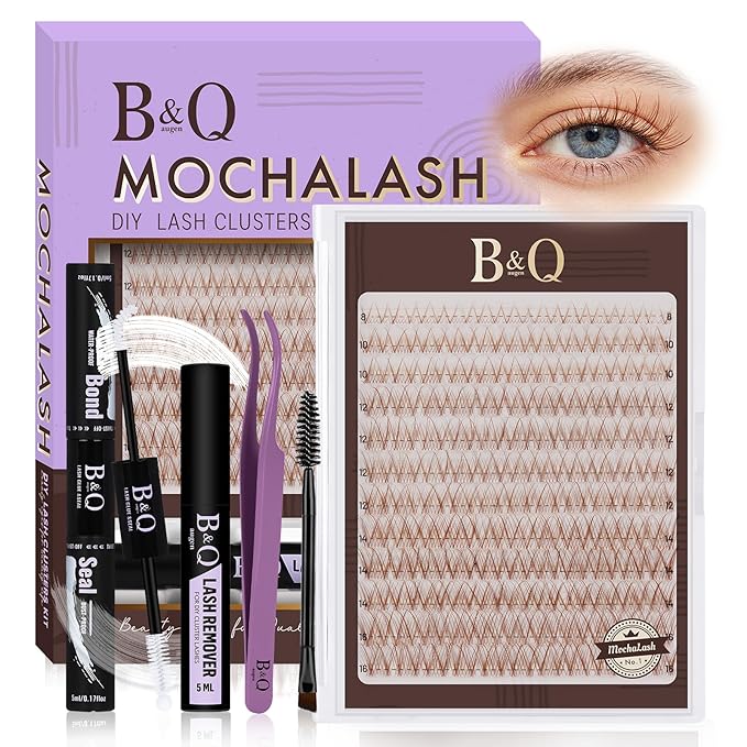 B&Q Brown Lash Clusters Kit Natural Mochalash Clusters 01, Brown Eyelash Clusters Kit C-Curl Cluster Eyelash Extensions 8-16mm Wispy Lash Eyelashes Kit for Fair/Dark Hair(Mochalash 01 Set)