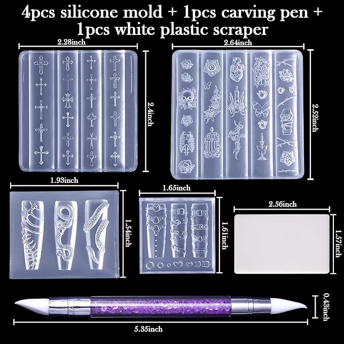 Laza 4pcs Gothic Silicone Nail Art Molds, 3D Rose, Snake, Bones, Cross, Collar, Skull Exquisite Silicone Nail Accessories with Carving Pen Resin Nail Art Mold Manicure Tools for DIY Salon Nail Design
