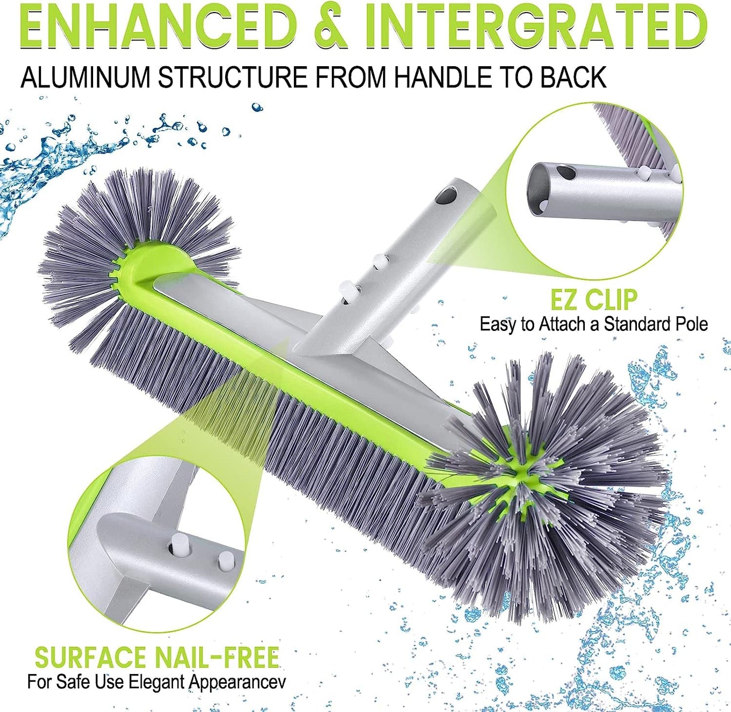 Professional Swimming Pool Brush Head with Round Ends,17.5" Heavy Duty Aluminum Back for Cleaning Pool Walls, 7 Rows Premium Nylon Bristles with EZ Clips (Green Grey)