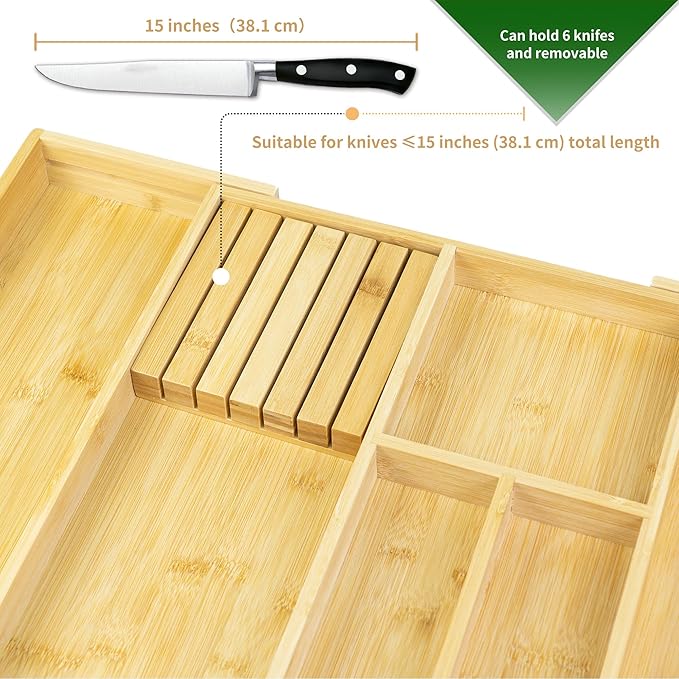 VaeFae Bamboo Kitchen Drawer Organizer, Utensil Tray with Multiple Compartments, Cutlery and Silverware Storage