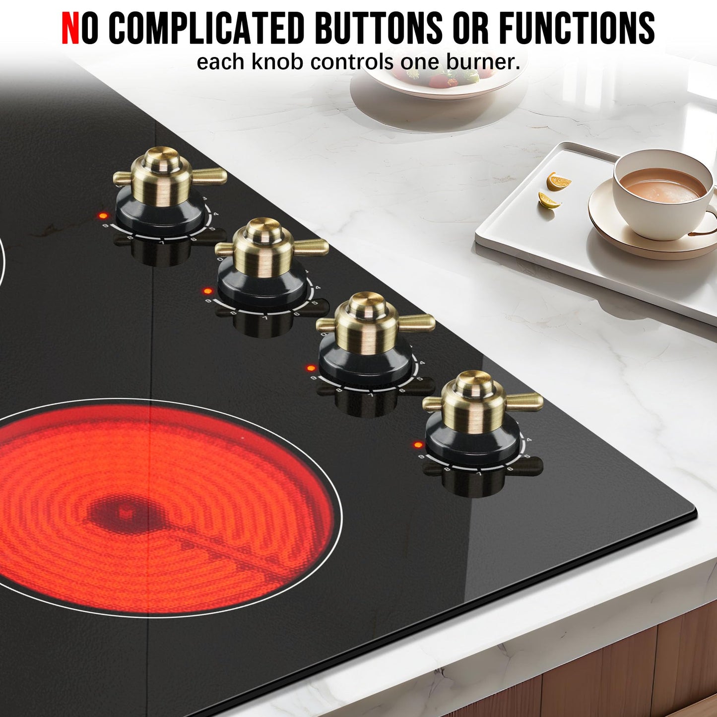 Karinear 24 Inch Electric Cooktop 4 Burners Electric Stove, Knob Control,6000W, Built-in Radiant Hob,Residual Heat Indicator, Overheat Protection,Hardwired 220V Radiant Ceramic Stove(Gold Knob)