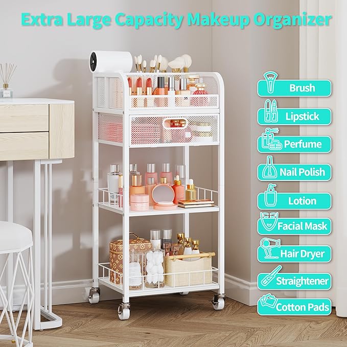 HapiRm Makeup Organizer Storage Cart - 4 Tier Skincare Make Up Storage with Drawer, Rolling Makeup Cart Vanity Organizer Cosmetics Display Cases Holder for Skin Care Perfume Nail Polish Brush
