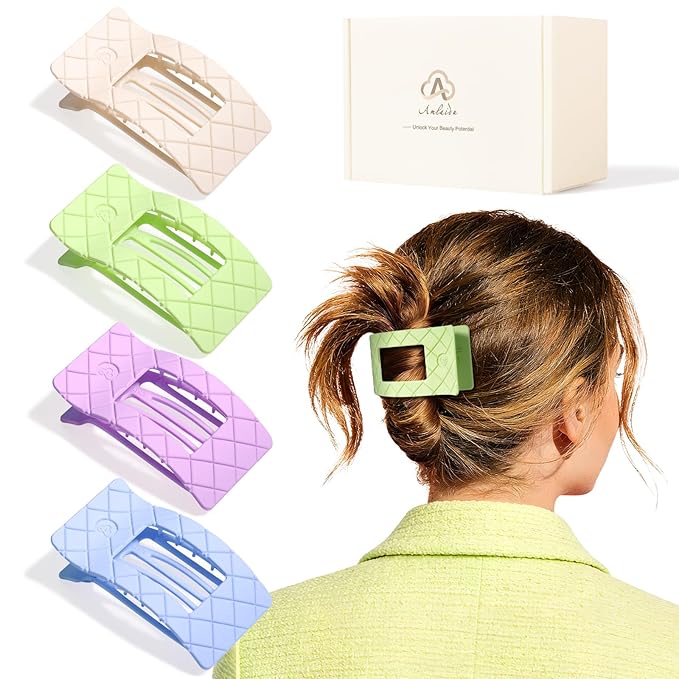 Large Flat Hair Claw Clips for Women for Thin Thick Hair, Stylish Strong Hold Non Slip Square Hair Clips, Cozy French Lay Down Hairclips, Green, Purple, Blue, Gardenia, 4 Pcs