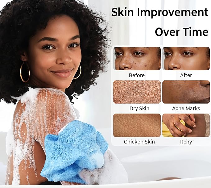 African Net Sponge Authentic - 2 Pieces Exfoliating Body Scrubber Bath Sponge Babyblue&Orange - Back Scrubber Washcloth for Shower - Real African Scrub Exfoliator Body Care Bathing Accessories