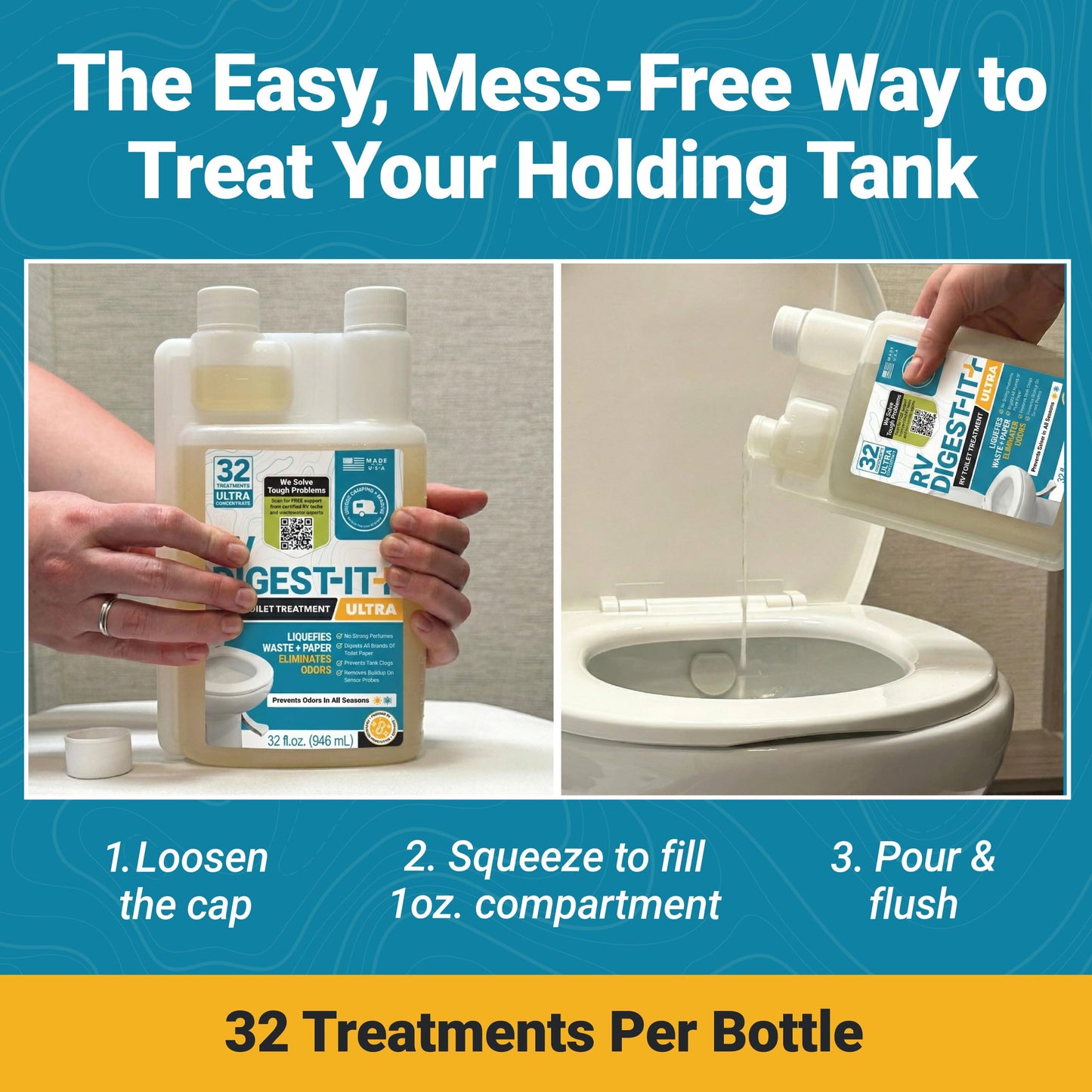 Unique RV Digest-It Ultra RV Toilet Treatment, 32 Uses, Super Concentrated - Eliminates Smells and Liquifies Waste, Easy-Measure Extra-Strength Preventive Bio-Enzymatic Holding Tank Treatment (32 oz)
