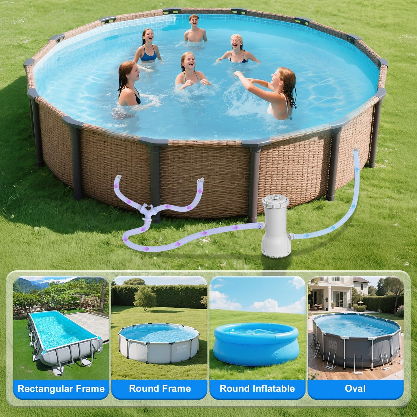 1000 Gallons Pool Filter Pump Above Ground, Swimming Pool Filter Cartridge Pump, Electric Pool Filters Pumps for Pools Sand Cleaning Tool Set, 1000 GPH Pools Pumps Above Ground
