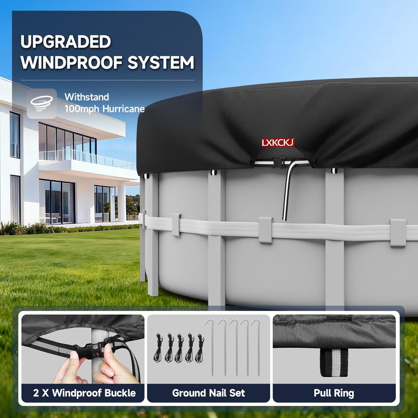LXKCKJ 8 Ft Round Pool Cover, Solar Pool Covers for Above Ground Pools, Stock Tank Pool Covers Protector with Accessories, Round Hot Tub Cover Ideal for Waterproof and Dustproof (Black)