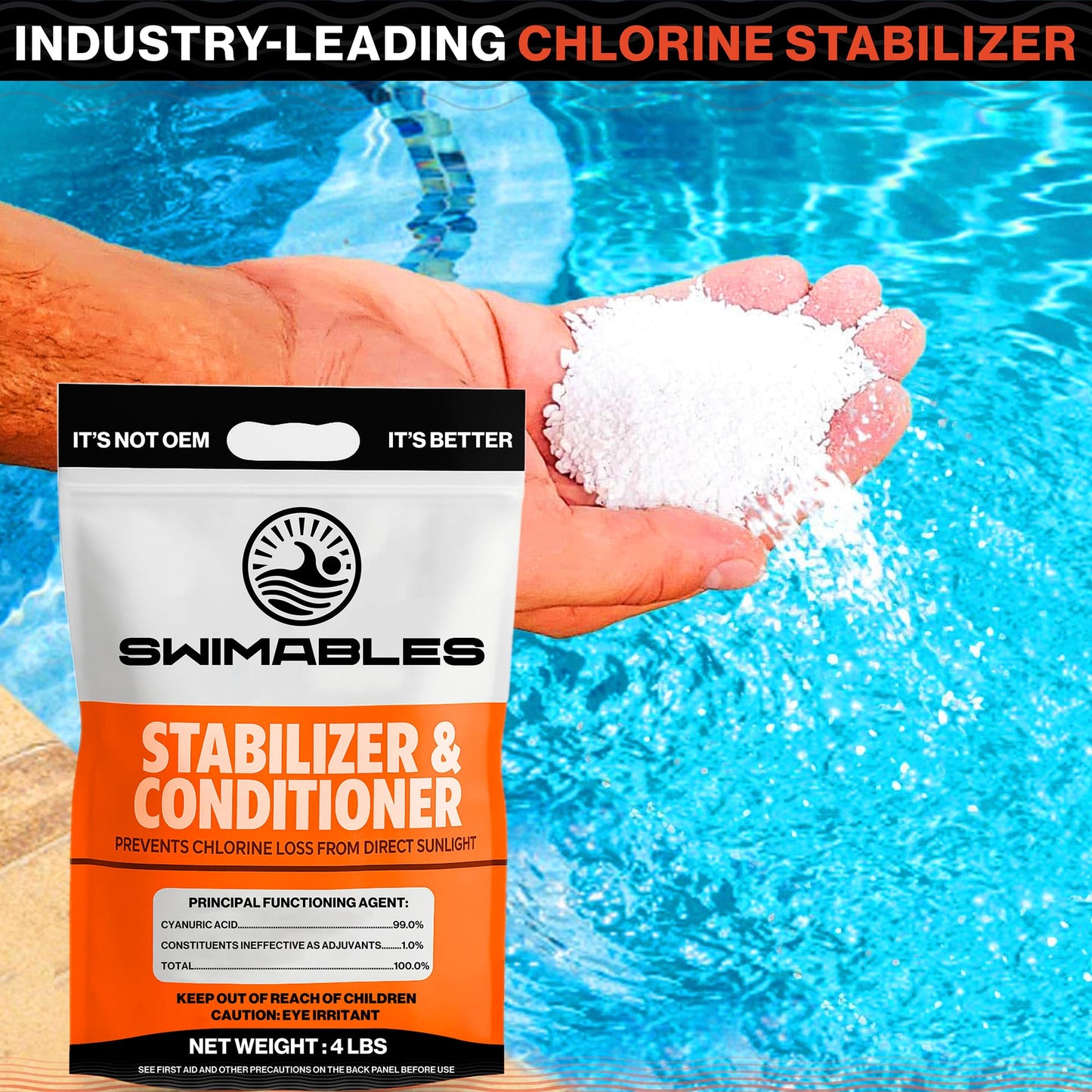 Swimables 4-Pounds Premium Pool Stabilizer & Conditioner, Max Strength Cyanuric Acid for Pools, Spa & Salt Water – Reduces Chlorine Loss, Ideal for Swimming & Hot Tubs