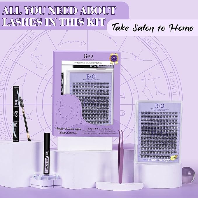 B&Q Wispy Lash Clusters Kit B49, DIY Lash Extension Kit 156PCS Eyelash Extension Kit, Soft Natural Lash Clusters 8-18MIX D Curl Lash cluster, Thin Black Band Cluster Eyelash Extensions (B49 Set)