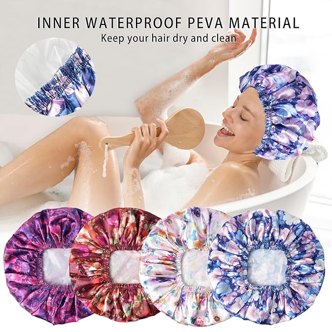 4 PCS Shower Cap for Women, Elastic and Reusable Bath Caps, Double Layers Shower Caps Reusable Waterproof, Bathing Shower Caps, Environmental Bath Hair Protection Cap - Printing Flower D