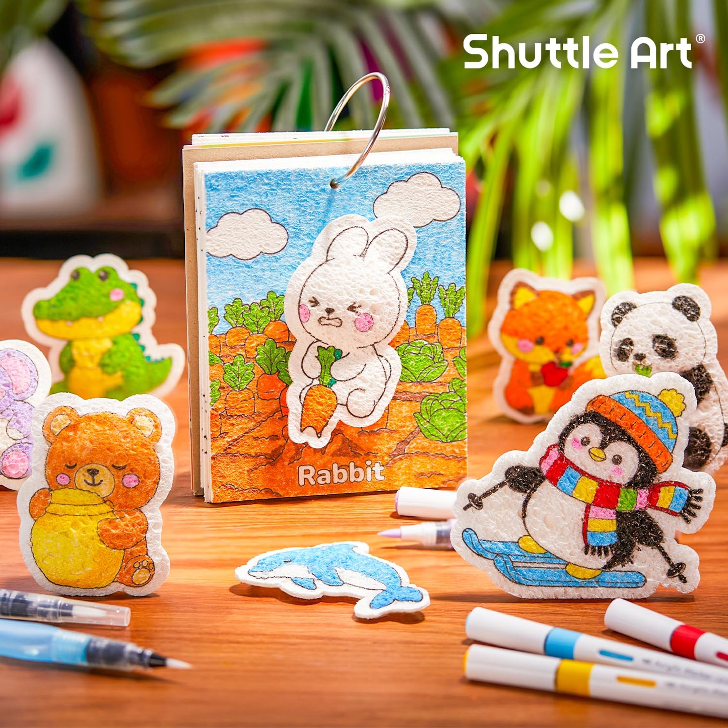 Shuttle Art 63 Pcs Magic Foam Texture Painting Kit – Animal Series: 15 Animal Foam Pieces, Coloring Book with 15 Scenes, 12 Acrylic Paint Markers, Magical 3D Effect DIY Art Craft