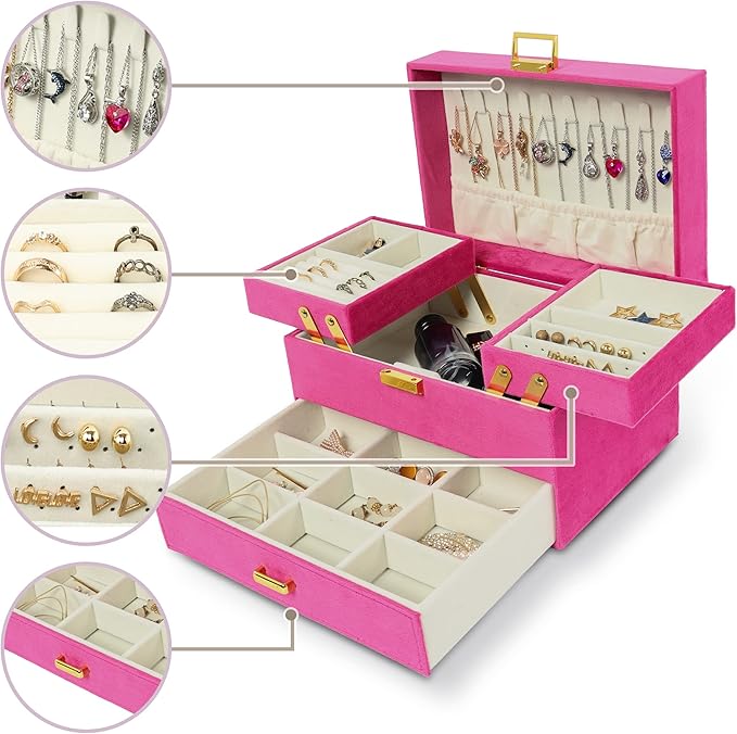 Dajasan Jewelry Organizer Box, Large Jewelry Boxes for Women Girls, Space-Saving 3 Layers Jewelry Storage Case with Drawer, Gift Idea for Christmas, Valentine's Day, Birthday, Mother's Day (Red)