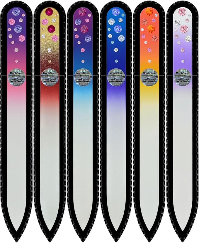 Mont Bleu Gift Set of 5 + 1 free Glass Nail Files hand decorated with crystals - womens gifts - Handmade gifts - Czech Tempered Glass - Best Crystal Nail Files Kit for Natural Nails