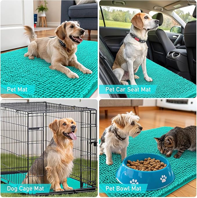 OLANLY Dog Door Mat for Muddy Paws 48x30, Absorbs Moisture and Dirt, Absorbent Non-Slip Washable Doormat, Quick Dry Chenille Mud Mat for Dogs, Entry Indoor Entryway Carpet for Inside Floor, Teal
