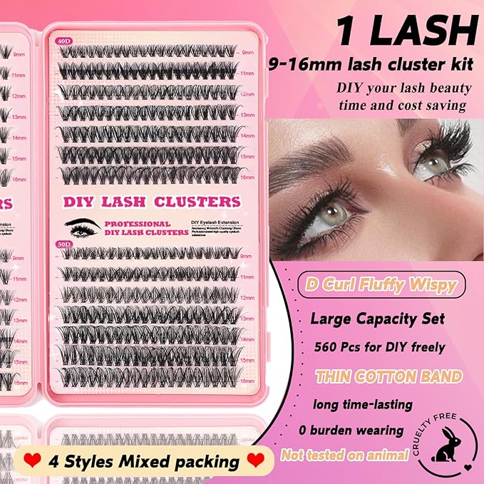 Lash Clusters Kit, 560 Pcs Eyelashes Clusters Kit 9-16mm Individual Lash Extension Kit D Curl Fluffy Wispy False Eyelashes (20D+30D+40D+50D, Lash Clusters)