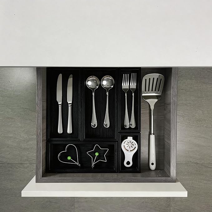 bamboo drawer organizer Set,expandable drawer dividers,wooden storage organizers,drawer organizers for kitchen, bathroom,flatware,Tea Bag Organizer (1 X 5PCS Black)
