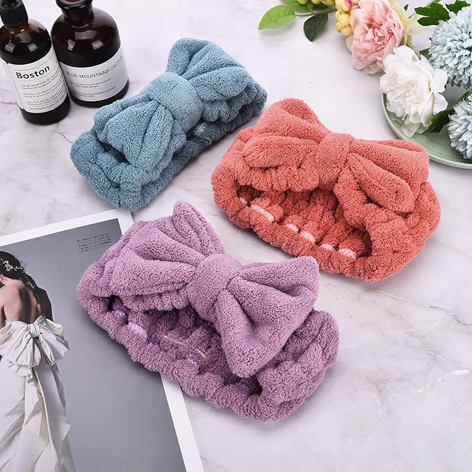 Hicarer 3 Piece Microfiber Bowtie Hairband Set for Women - Chic Purple, Chic Red, Turquoise - Securing Hair, Shower, Facial - Hair Accessories
