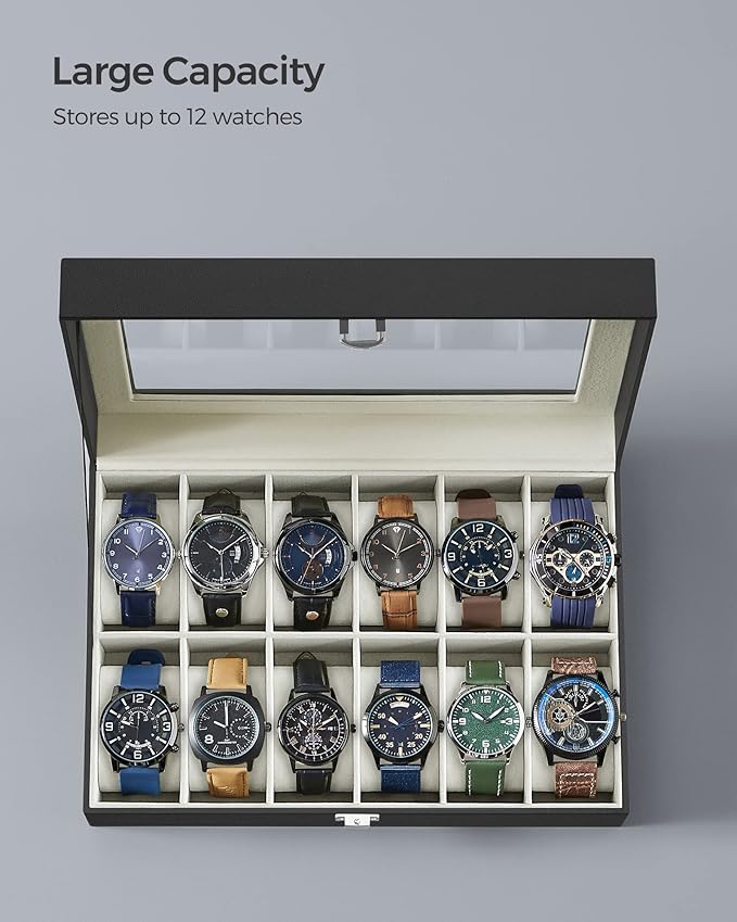 SONGMICS Watch Box, 12-Slot Watch Case Organizer with Large Glass Lid, Removable Pillows, Gift for Loved Ones, Black Synthetic Leather, Greenish Beige Lining UJWB12BE