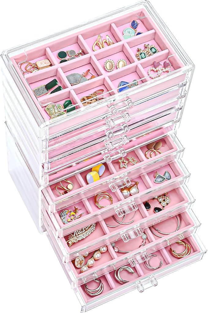 ProCase Earring Holder Organizer Jewelry Box with 10 Drawers, Acrylic Clear Earring Case with Adjustable Velvet Trays for Women - Pink, 10 Layers