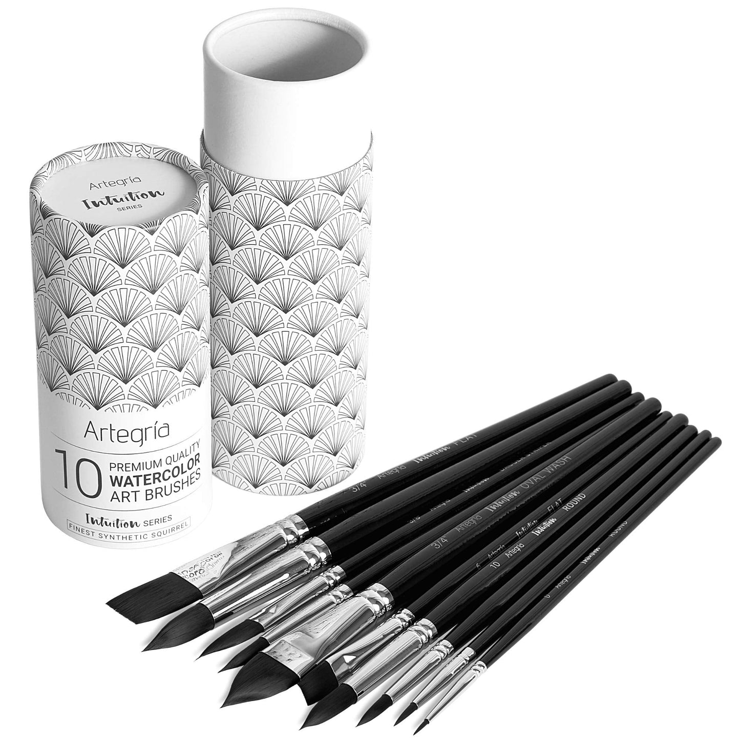 ARTEGRIA Watercolor Brush Set, 10 Professional Soft Synthetic Squirrel Paint Brushes, Including Pointed Rounds, Flats, Dagger, Oval Wash