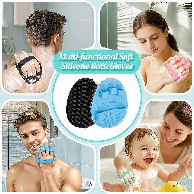 Silicone Back/Body/Face Scrubber & Soft Bath Glove Set 4PCS, Gentle Exfoliating Back & Body Scrubber with Dual-Side Brush Head, Hand-fit Bath Glove & Face Scrubber for Deep Cleaning(Blue-4PC)