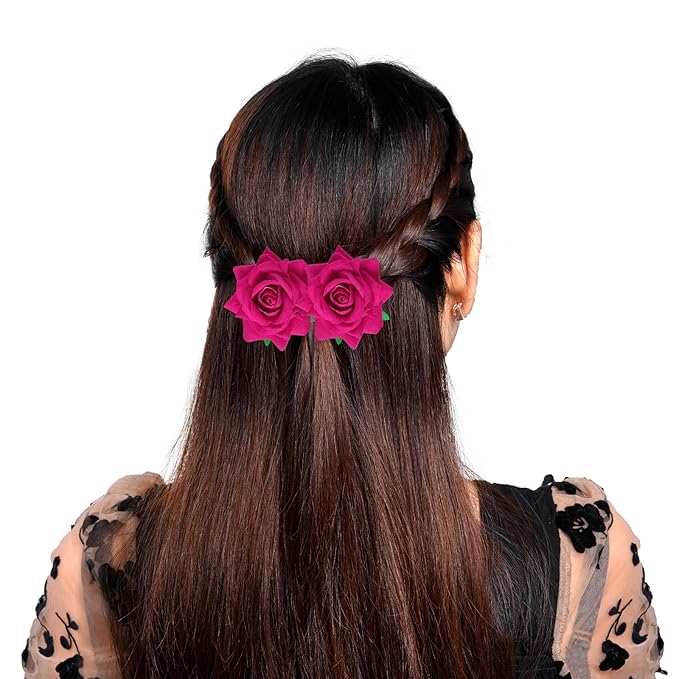 Rose Hair Clip Flower Hairpin Brooch Floral Clips, 4 Pcs Fabric Rose Flowers Hair Clips Mexican Hair Flowers Pin up Headpieces for Woman Girl Wedding Party Mother's Day (Hot Pink)