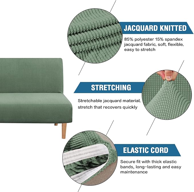 H.VERSAILTEX Armless Futon Cover Stretch Sofa Bed Slipcover Protector Elastic Feature Rich Textured High Spandex Small Checks Jacquard Fabric Futon Cover, Machine Washable, Loden Frost