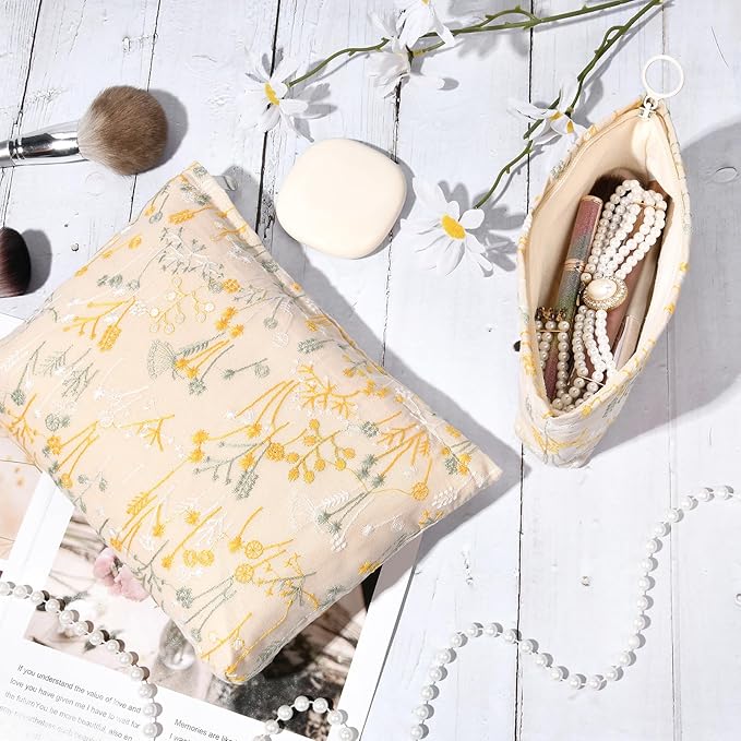 SOIDRAM 2 Pcs Makeup Bag Large Cosmetic Bag Toiletry Bag Makeup Pouch Travel Bag Organizer Cute Makeup Brushes Aesthetic Accessories Storage Bag for Women Wildflower Embroidery
