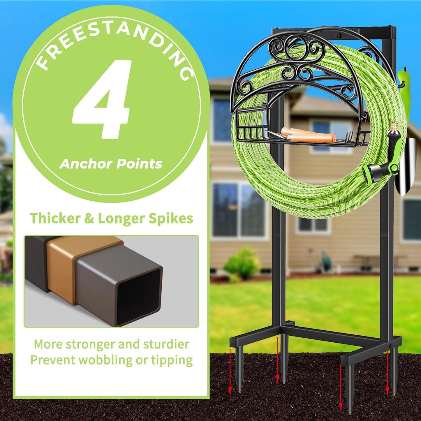 TomCare Garden Hose Holder Upgraded Water Hose Holder Heavy Duty 4 Spikes Hose Hanger Holds 160 Feet Hoses Stable Freestanding Hose Storage Organizer for Outside Yard