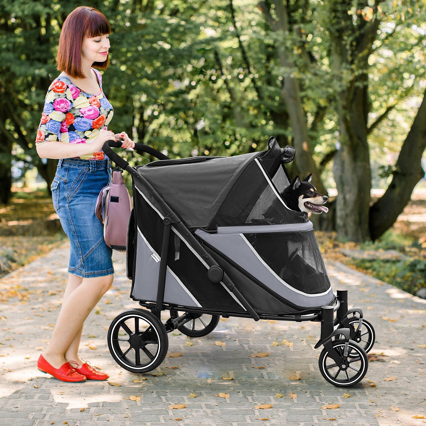 Dog Stroller for Medium/Large Dogs One-Click Folding, Extra Large Pet Stroller for 2 Dogs with Storage Pocket & Shock Absorption, Up to 130 lbs, Grey
