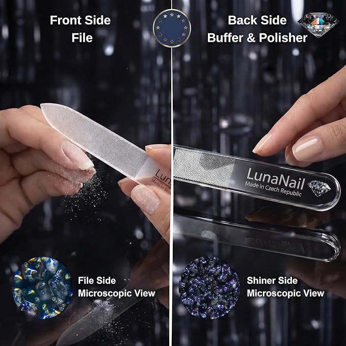 Nano Czech Glass Nail File & Buffer 2-in-1, Velvet Case, Crystal Polisher, Mirror-Shine, Keratin-Sealing, Travel Friendly
