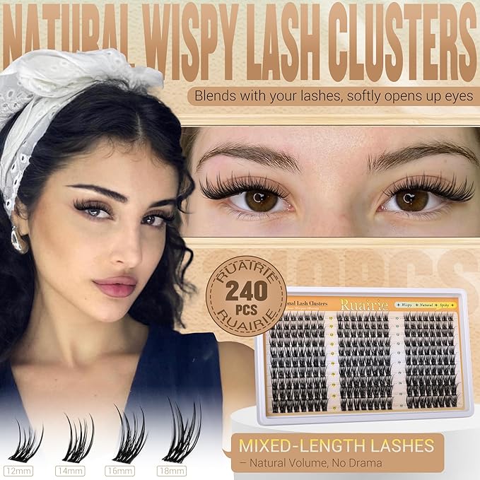 Manga Lash Clusters Natural Eyelash Clusters Wispy Cluster Eyelash Extensions Spiky Lashes Clusters with Soft Thin Band 240PCS Daily Wear Eyelashes Clusters C-Curly 10-16mm DIY Lash Extensions