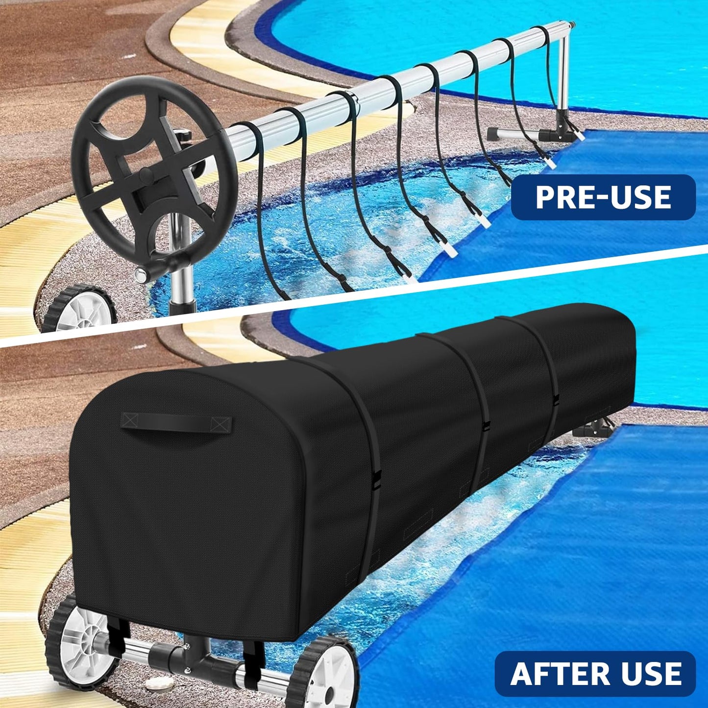 Swimming Pool Solar Reel Cover, 16Ft UV Resistant Inground Pool Solar Protective Blanket Reel Cover 420D Heavy Duty Waterproof Winter Solar Blanket Reel Roller Covers Protector (16 Ft, Black)