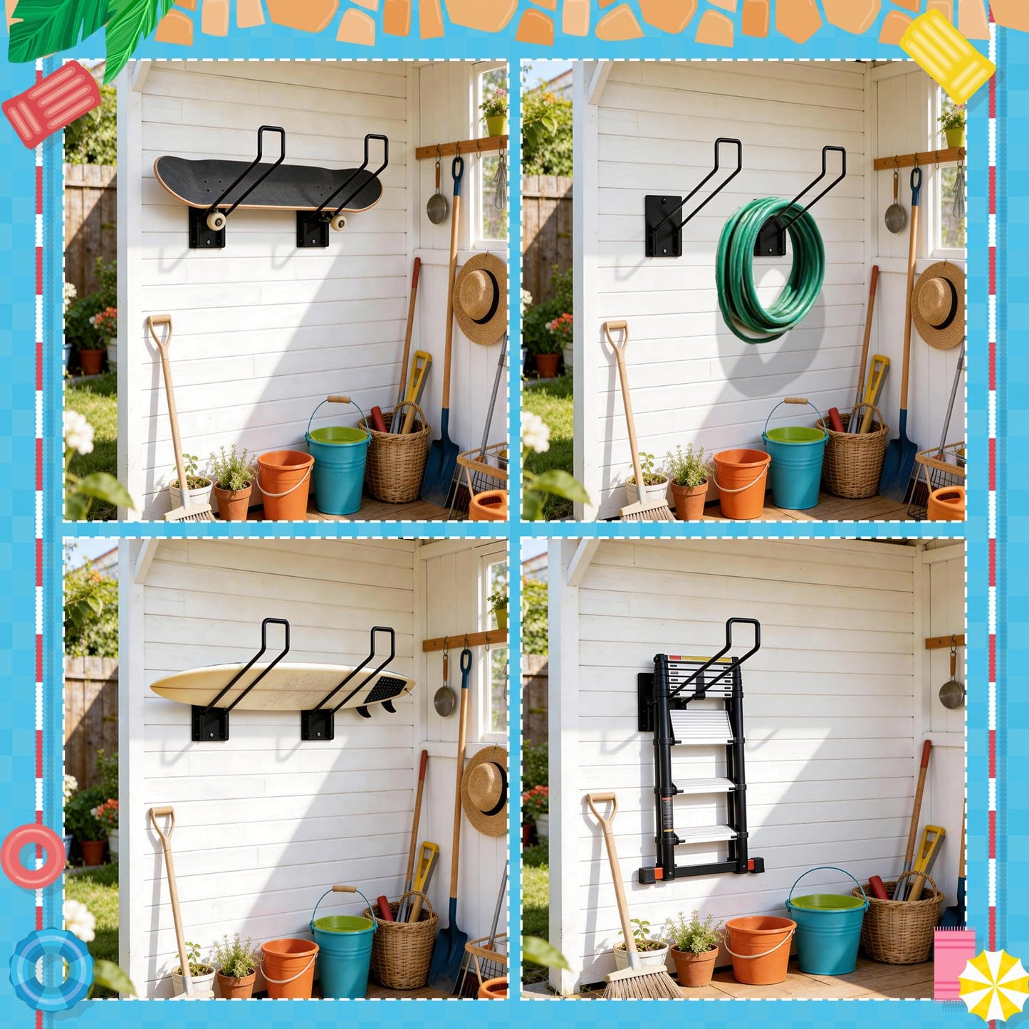 3 Pcs Pool Float Storage Holder, 16.5 Inch Wall Mount Pool Float Organizer Storage Rack with Hangers for Swimming Ring, Towel, Tools & More Storage Indoor Outdoor Space-Saving (Oblique angle)