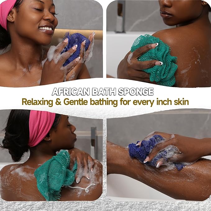 SubSahara Authentic African Net Sponge - 2 Pack Exfoliating Bath & Shower Loofah Sponge for Body & Face, Gentle Scrubber for All Skin Types, Travel, Durable (Dark Blue & Forest Green)