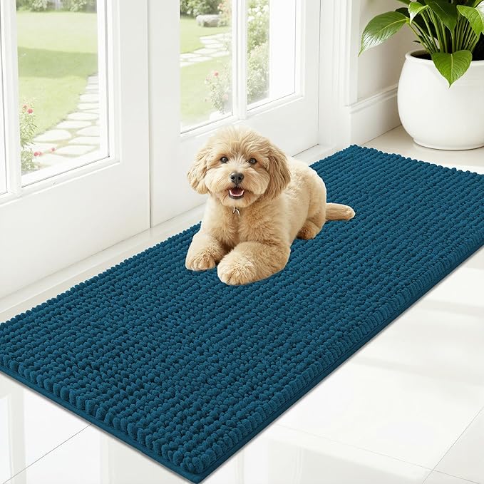 OLANLY Dog Door Mat for Muddy Paws 47x20, Ultra Absorbent Chenille Mud Doormat, Non-Slip Washable and Dirt Trapping Doormat for Indoor Entryway, Quick-Dry Indoor Pet Bed Mats for Dogs, Atlantic Blue