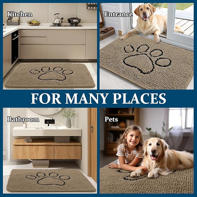 OLANLY Dog Door Mat for Muddy Paws 36x24, Paw Print Design, Absorbs Moisture and Dirt, Absorbent Non-Slip Washable Doormat, Quick Dry Chenille Mud Mat for Dogs, Entry Indoor Entryway Carpet, Tan