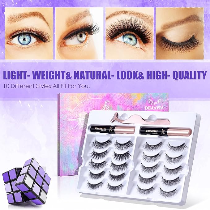 DEJAVIA Magnetic Lashes [10 Pairs], Premium Natural Looking, Reusable Lightweight Wispy Strong Magnetic Eyelashes with Applicator and Tweezers, No Glue Needed