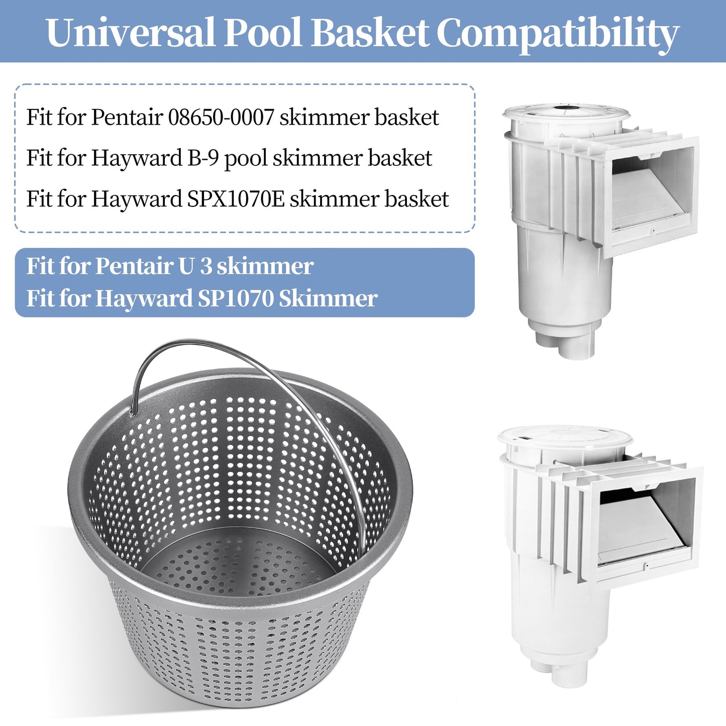 LVACODV Aluminum Pool Skimmer Basket Replacement for Pentair U-3 & Hayward SP1070/SPX1070E, 8-1/8" Top OD x 6.5" Bottom Dia x 5.5" H, 316 Stainless Steel Handle