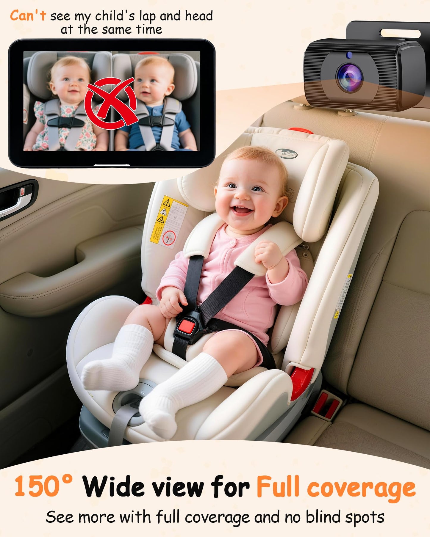 Rohent Baby Car Camera 7.2-Inch Monitor: 1080P HD Rear Facing Infant Backseat Camera with Night Vision 360° Rotation Wide Angle USB Plug & Play Anti-Glare Screen for Safe Driving F25