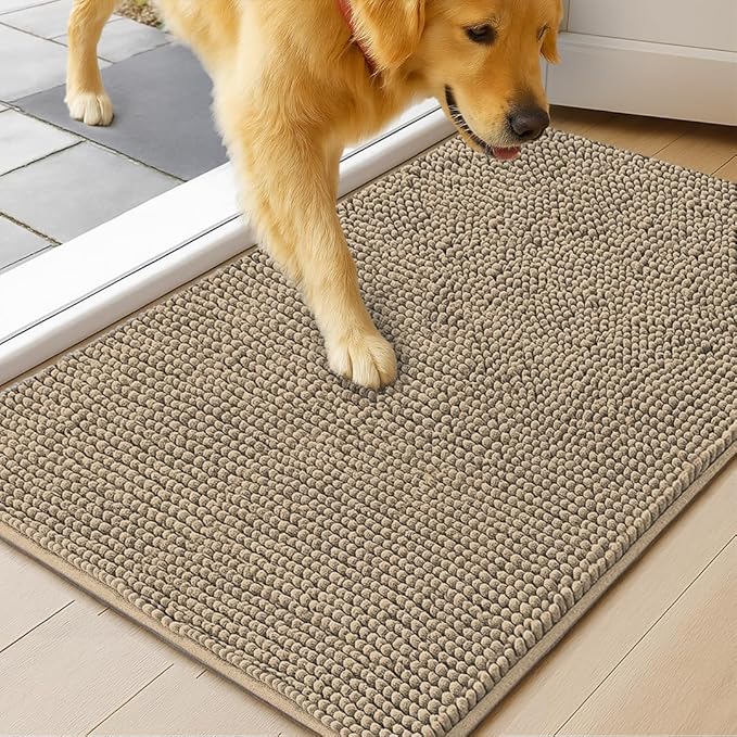 MudGuard Mat™ Dog Door Mat for Muddy Paws, Super Absorbent Microfiber, Non-Slip Indoor Mat, Quick Dry Chenille Mud Mat for Dogs & Entryway, Washable, Beige 36" x 60"