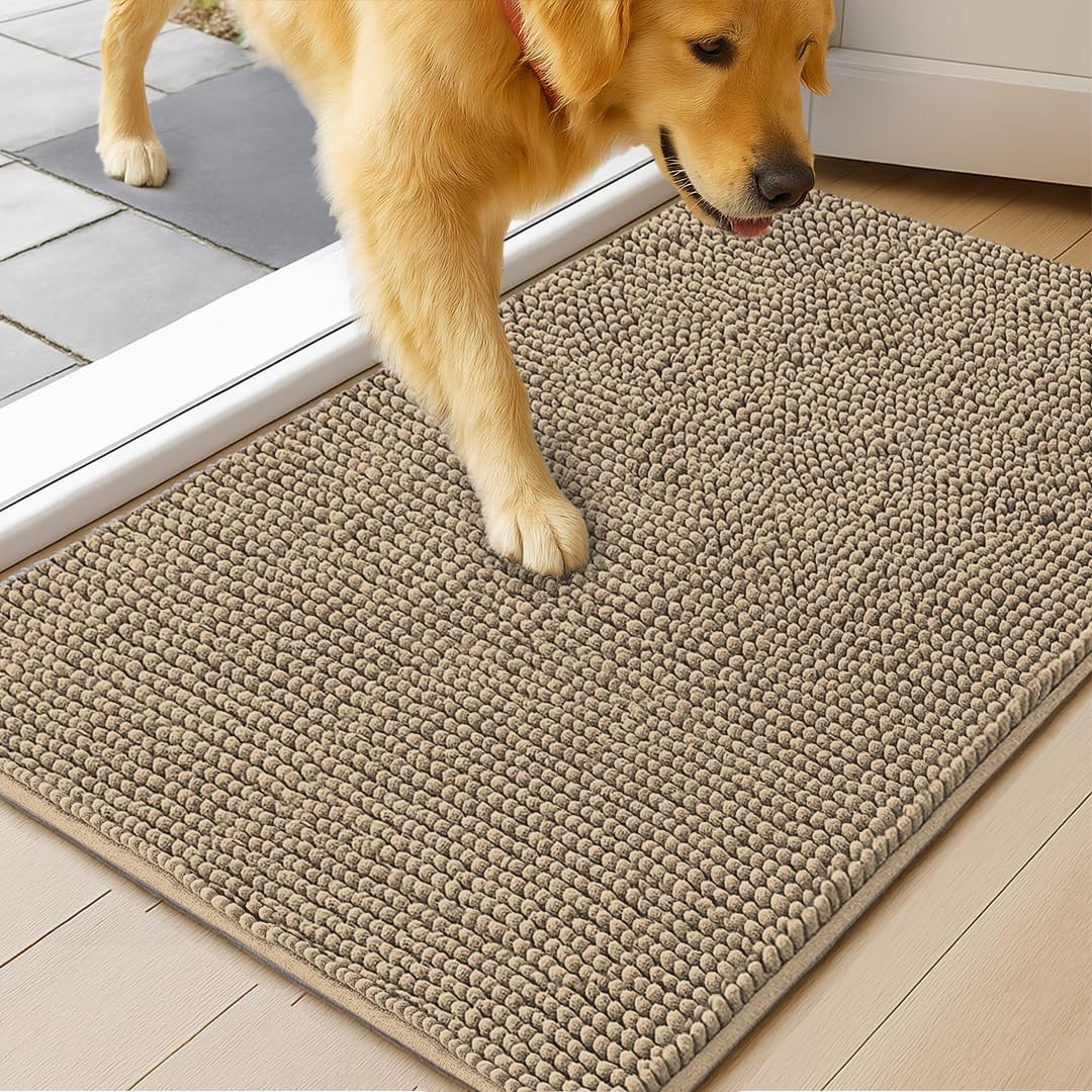 MudGuard Matâ¢ Dog Door Mat for Muddy Paws, Super Absorbent Microfiber, Non-Slip Indoor Mat, Quick Dry Chenille Mud Mat for Dogs & Entryway, Washable, Beige 24" x 60"