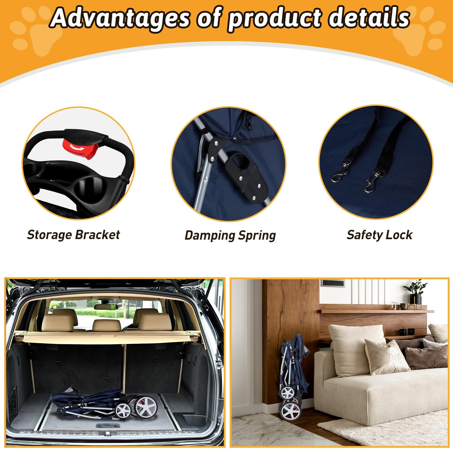 Azaeahom Pet Stroller, 4 Wheels Pet Strolling Cart for Medium/Small Dogs and Cats, Foldable Cat Jogger/Dog Stroller with Cup Holder, Storage Basket, Breathable Mesh, All-Season Pet Carrier, Navy Blue