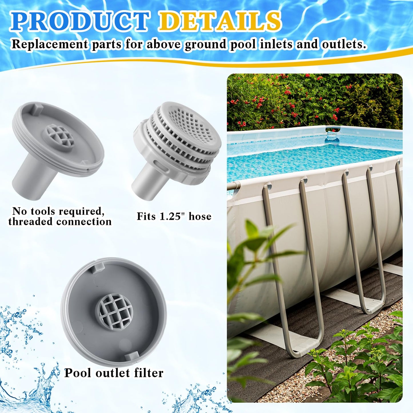 Pushglossy 1 Set Swimming Pool Water Jet Connectors Replacement Parts Kit Small Strainers with Pool Outlet Strainers, Inlet Nozzles and Hole Plugs with 1.25 Inch Fittings (Black,Grey)