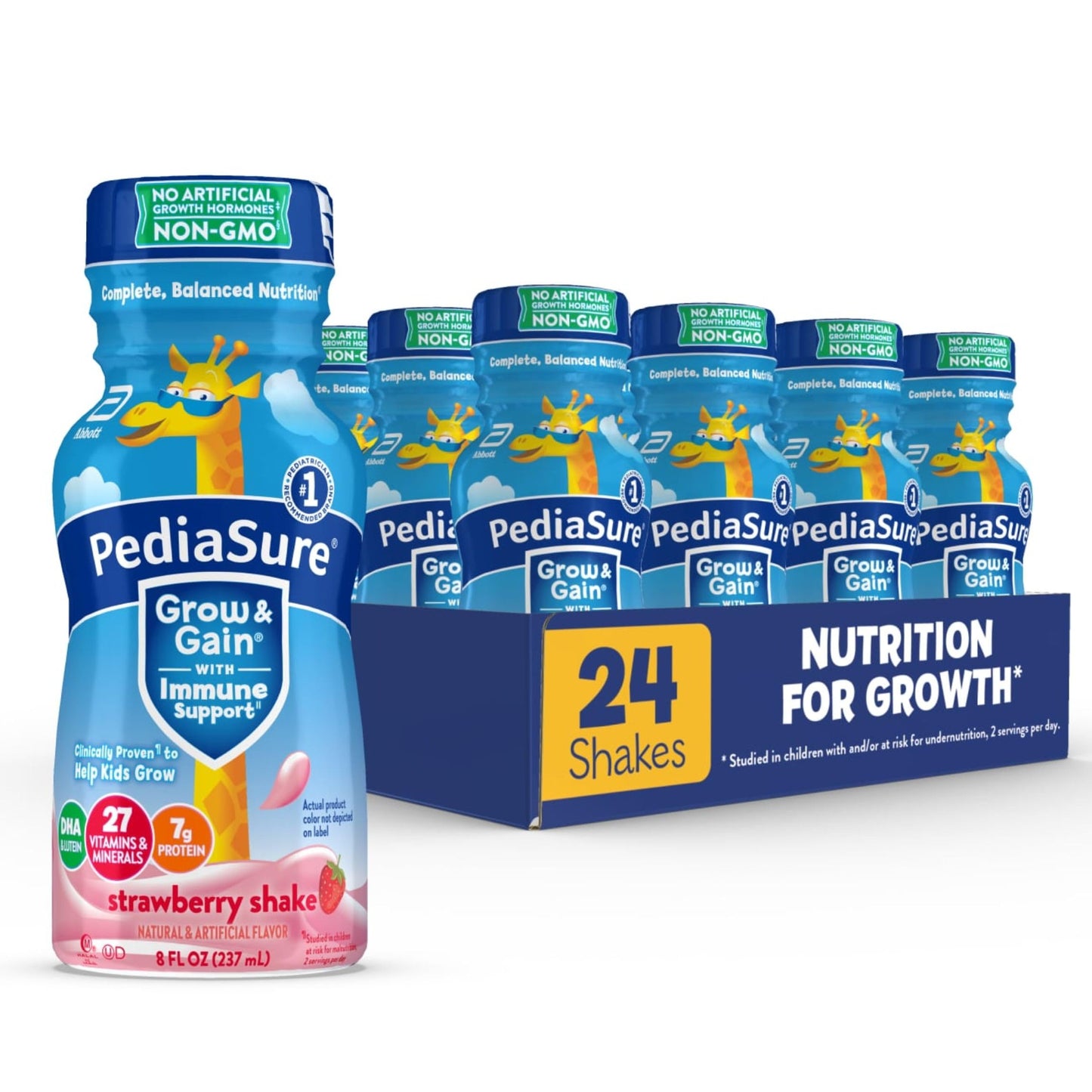 PediaSure Grow & Gain with Immune Support, 27 Vitamins & Minerals for Kids, 7g Protein, Non-GMO, Gluten-Free, Strawberry, 8-fl-oz Bottle, Pack of 24